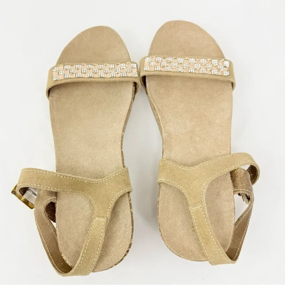 Antica Cuoieria Tan Suede Rhinestone Sparkle Open Toe Cork Wedge Sandals
